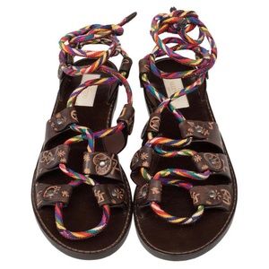 Valentino Brown Leather And Multicolour Rope Flat Ankle Wrap Sandals Size 39